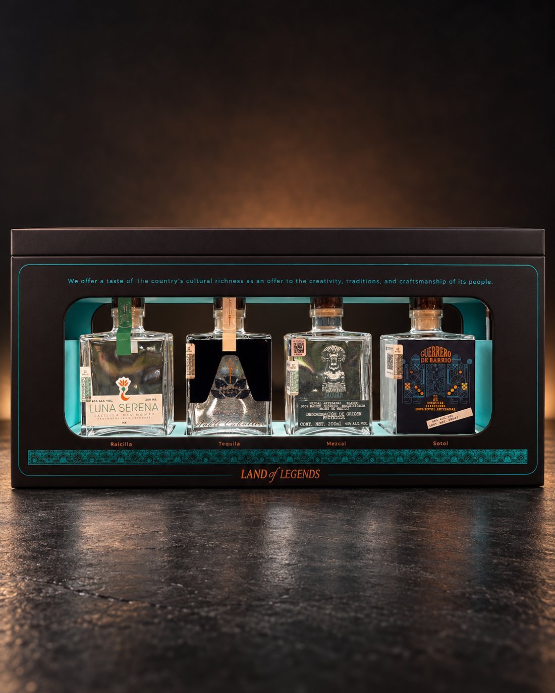 Land of Legends collector’s box with raicilla, tequila, mezcal and sotol